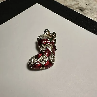 Monet Christmas Brooch Pin Stocking Enamel / Rhinestone Gold Tone / Red Signed • $23.99