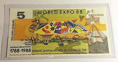 $1.25 • Buy (ch Unc) 1988 $5.00 Brisbane World Expo Note In Sleeve, Currency, Money