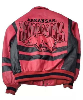 College Phase Vintage Arkansas Razorbacks Red Black Leather Jacket Mens Large L • $80.99