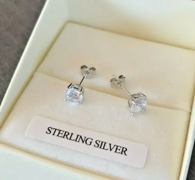 Genuine STERLING SILVER Stud Earrings 4mm Round CZ Diamonds Men's Or Women's • £11.99