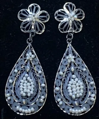 LG VTG Style Mexican Oaxacan Sterling Silver Fine Filigree Pearl Dangle Earrings • $198