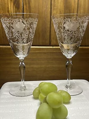 Vintage Needle Etched Wine Glasses Set Of 2 Fostoria Woodland Circa 1922 Wedding • $18