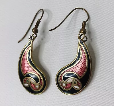 £29.50 • Buy VTG 60’s Paisley Drop Earrings Gold W/ Pink, Black, White, Green Detail
