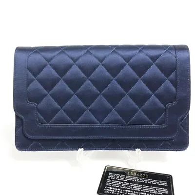 CHANEL CC Logo Satin Clutchbag Party Bag Navy W 20cm VTG Japan [Used] • $603.79