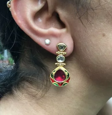 Mughal Style Earrings 22k Gold Earring With Tourmaline Polki Diamond Jewelry • $1414