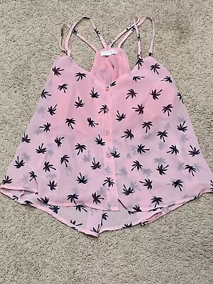 Mine Womens Sleeveless Shirt Size Large Pink Palm Tree Strappy Flowy Top • $12.99