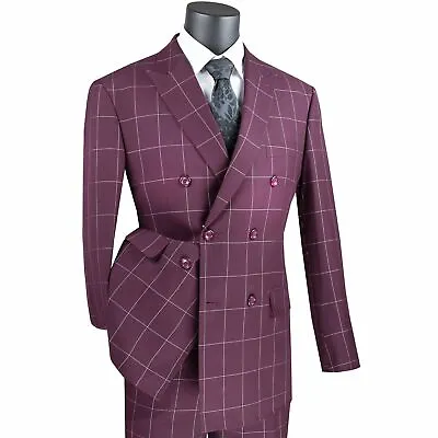 VINCI Men's Burgundy Windowpane Double Breasted 6 Button Modern Fit Suit NEW • $110