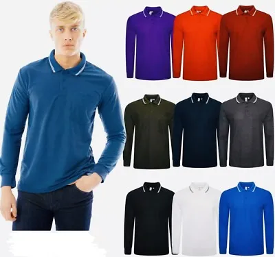 Men's Polo Long Sleeve Pique  Tipping Collar T-Shirt Smart Casual Shirt Top • £9.94