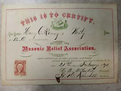 1870 Masonic Innitiation Certificate - Unity Lodge Elmira NY - Embossed Seal • $89