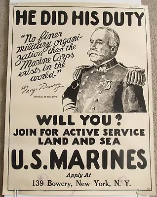 Original WW1 Admiral Dewey Recruiting Poster For U.S. MARINES 21  X 28  • $185