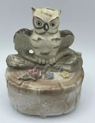 Vintage Ceramic “Owl On A Log” Footed Trinket Box • $8