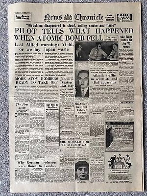 Hiroshima / First Atom Bomb News Chronicle Reprinted Newspaper 7 August 1945 • $11.30