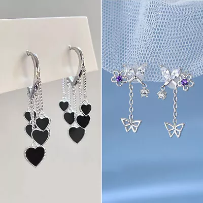 925 Sterling Silver Long Heart Butterfly Drop Dangle Earrings Women Jewellery UK • £4.29