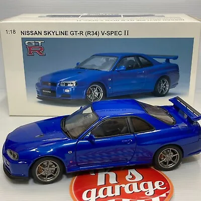 AUTOart 1/18 Nissan Skyline GT-R R34 V-Spec II 2 BAYSIDE BLUE UPGRADED 77335 • $252