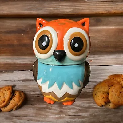 Vintage Retro Owl Cookie Jar 10 Inch Ceramic Orange Blue Brown • $24.99