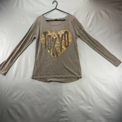$9.07 • Buy Bershka Womens Chic Brown Beige Long Sleeve Letter Gold Heart Print Blouse Top