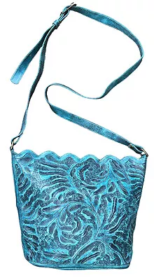 LEADERS In LEATHER Scalloped Tooled Turqoise Crossbody Bag • $44.99