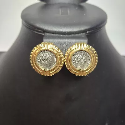 80s Signed Vintage CAROLEE Gold Tone Roman Coin Clip On Earrings  • $55