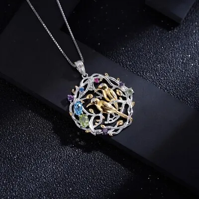 Natural Multi Gemstone Handmade Sterling Silver Bird Pendant Necklace For Women • $59.99