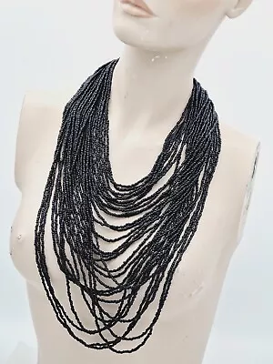 Vintage Black Glass Beaded Multi Strand Statement Necklace • $11.19