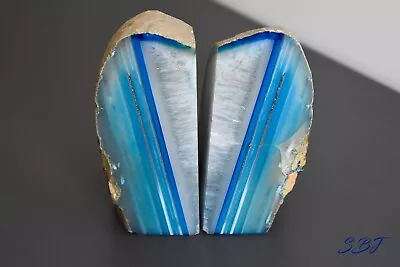 £41.75 • Buy Blue/White Agate Bookend Set Large Polished On 2 Sides Geode Slice 16 X 12 X 5cm
