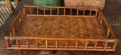 Vintage MCM Woven Rattan Wicker Serving Tray With Brass Corner Details 16 X 11 • $40