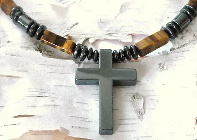 Mens Womens Holy Magnetic Therapy Hematite 2 Sided CROSS NECKLACE TIGER EYE • $50.99