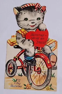 Vtg Mechanical Die-Cut Valentine Card Anthropomorphic Cat Trike YOU'RE MY SPEED • $7.95