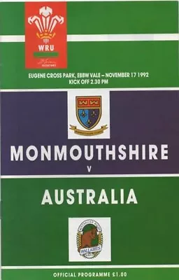 Nov 92 MONMOUTHSHIRE V AUSTRALIA Eugene Cross Park Ebbw Vale • £3.75