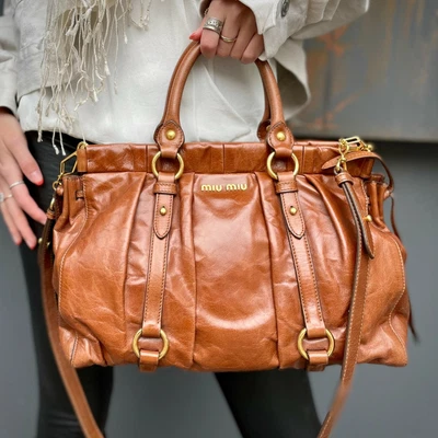 $975 • Buy Miu Miu Vitello Lux Shopper Bag - Palissandro Caramel Brown