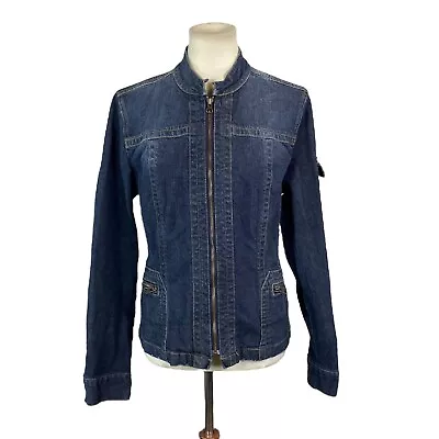 Motto Style Mantra Womans Denim Jean Jacket Size M Zipper Pockets Enclosure  • $16.50