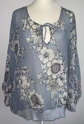 CAbi #5387 Sirena Dolman Sleeve Floral Striped Sheer Blouse  Size M  Blue White • $14.99