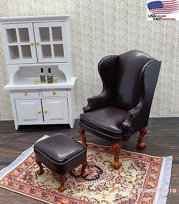 1/12 Dollhouse Miniature Furniture 2pcs Brown Leather Single Sofa&Ottoman Set • $24.95