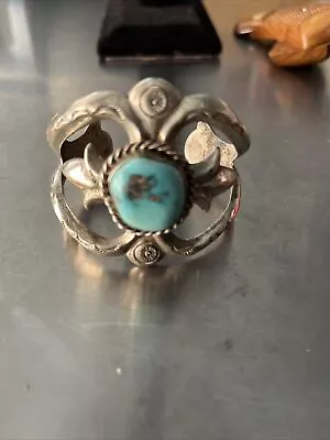 Vintage Navajo Sandcast Sterling Silver Turquoise Cuff Bracelet 61.7 Grams • $225