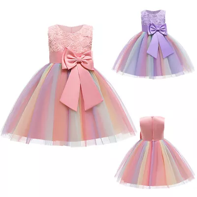 Girls Bridesmaid Dress Baby Flower Kids Party Rose Bow Wedding Dresses Princess • £10.99