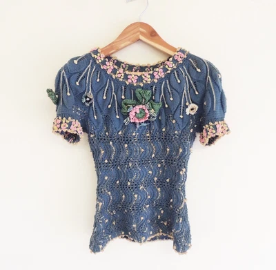 £2289.92 • Buy VIVIENNE WESTWOOD 1995 EROTIC ZONES   Blue Crochet Knit Floral Top 