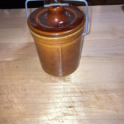 Vintage 7” Stone Brown Crock Jar With Metal Clamp Lid • $15