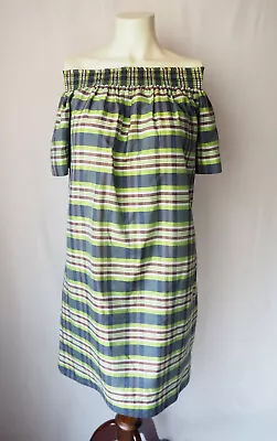 J. Crew Collection Silk Madras Dress Yarn Dyed Off The Shoulder Emerald Plaid 6 • $45