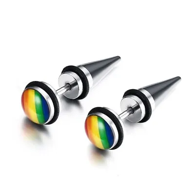 LGBTQ+ Pride Rainbow Silver Titanium Steel Fake Ear Taper Plugs 1mm/18g 8mm J465 • £6.99