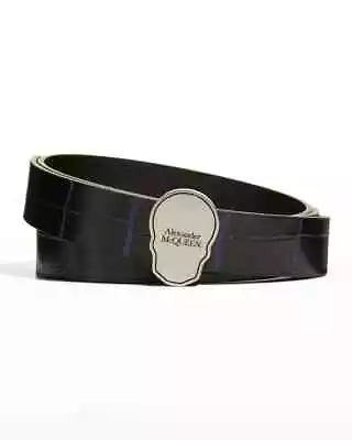 NWT Alexander Mcqueen Men's Logo Skull Leather Belt Black/Midnight Blue 44/110 • $239