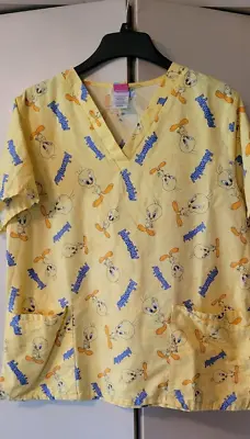 Tweety Scrub Top XL Shirt Womens Short Sleeve Looney Tunes Yellow Pockets AOP • $12.60