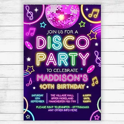 Neon Disco Party Invitations - Pack Of 10 - Neon Dance Pink - With Envelopes • £5.79