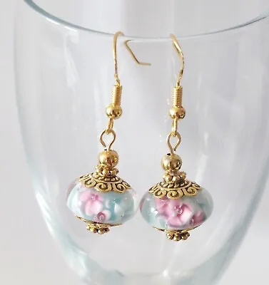 Blue Pink White European Murano Glass Lampwork Earrings 925 Sterling Gold Hook • $14.98