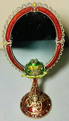 Vintage Ornate Enamel Jeweled Frog Standing 10” Vanity Mirror Gorgeous Design! • $38.69