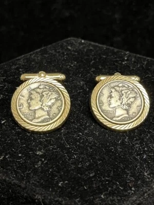 $37.99 • Buy Unique Mercury Dime Cufflinks 1944, 1945 90% Silver In Gold Tone Bezel RefJ0112