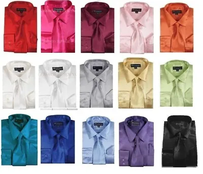 Men's Shiny Satin Dress Shirt With Tie And Handkerchief Set Size 151/2-201/2SG08 • $18.50