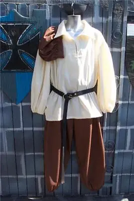 Mens Renaissance Pirate Medieval Peasant Costume Shirt Pants Hat Tan & Brown XL • $72