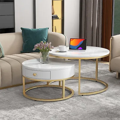 Round Nesting Coffee Table With Storage Drawer Stacking Side Tables Set White • £129.99