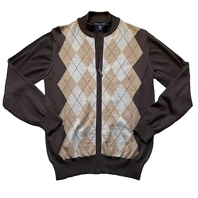 Grant Thomas Sweater Mens Small Brown Beige Argyle Full Zip Cardigan • $19.51