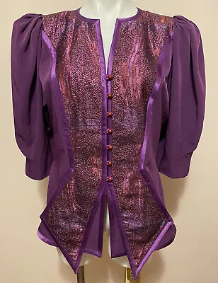 80s VTG Maggie Shepherd Australia Purple Glitter Puff Slv Button Disco Blouse M • $30